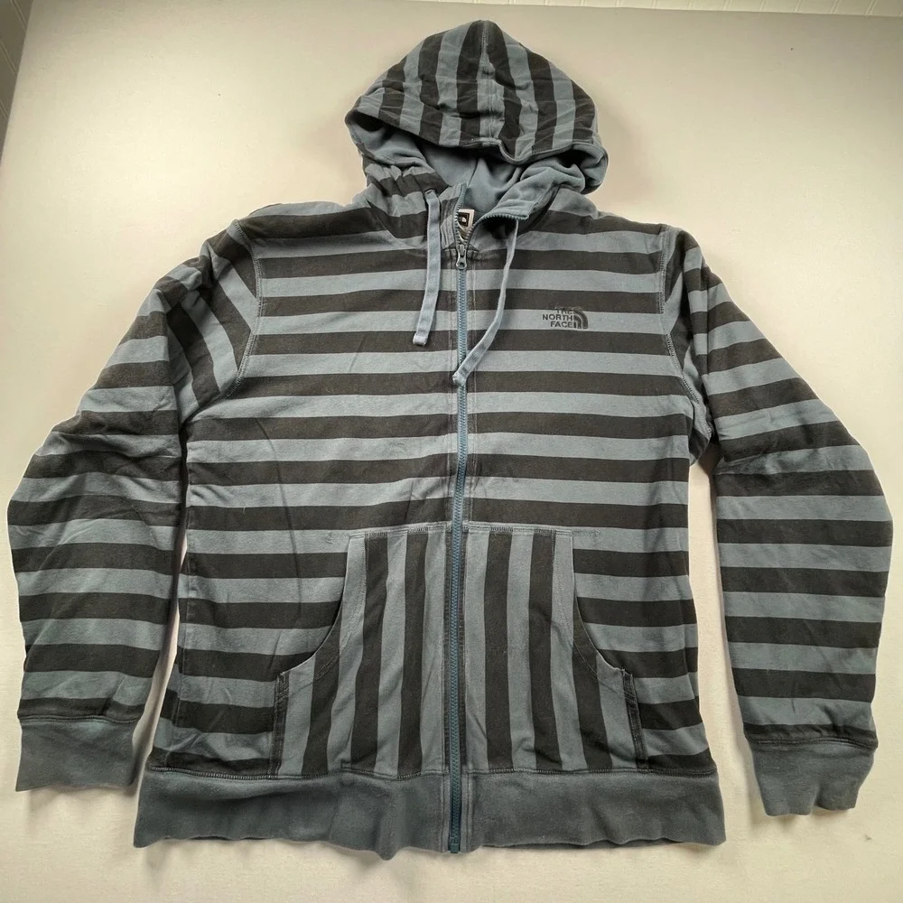 The North Face Mens XL Full Zip Hoodie Blue Black Striped Sweatshirt Logo